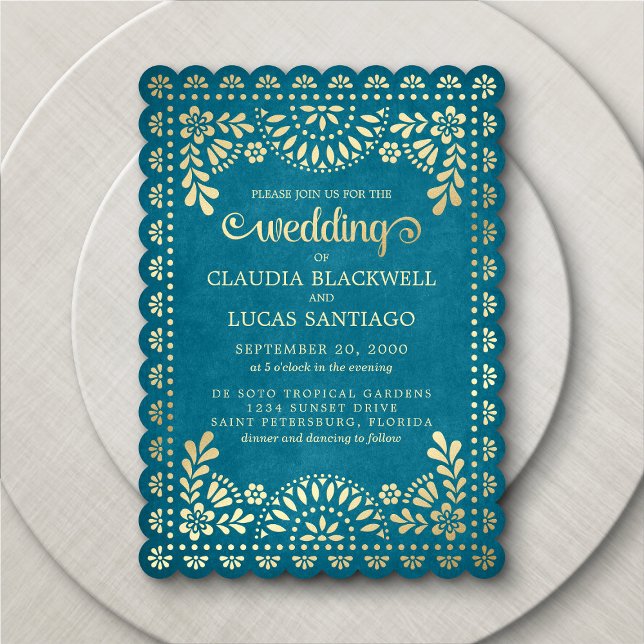 Papel Picado Teal Wedding Invitation (Creator Uploaded)