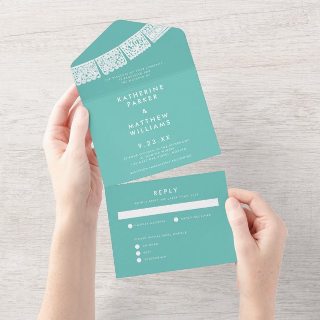 Papel Picado Wedding Banner Aqua All In One Invitation (Tearaway)