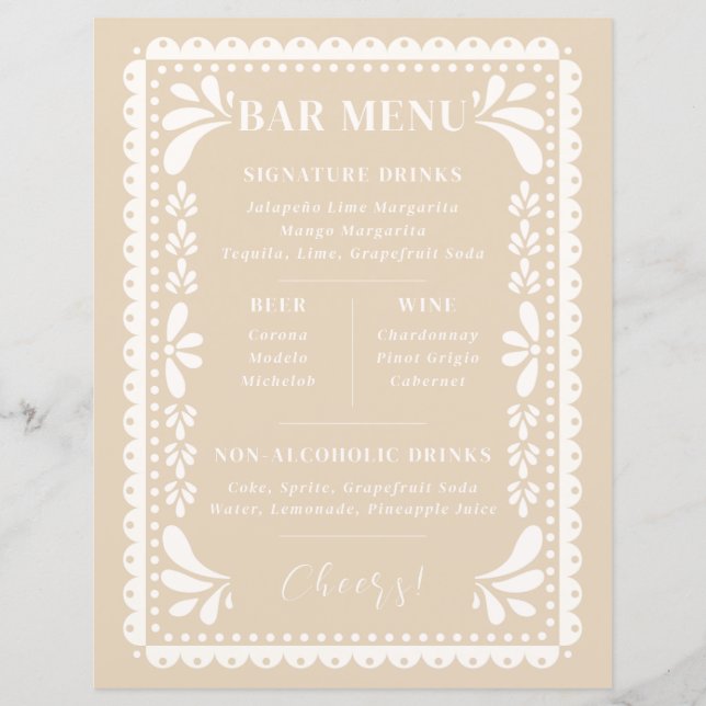 Papel Picado Wedding Bar Menu Modern Mexican Theme (Front)