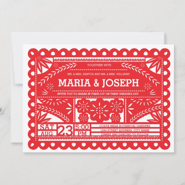 Papel Picado Wedding Invite - Red (Front)