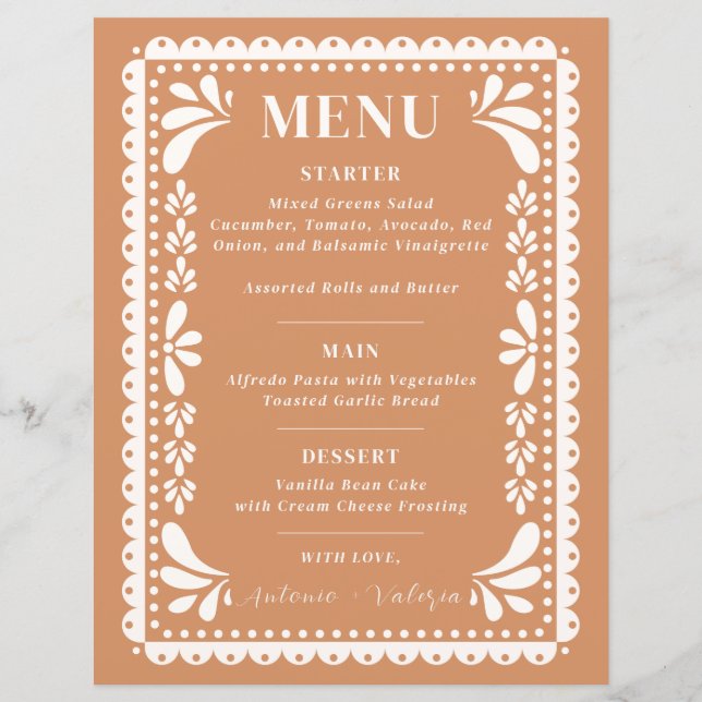 Papel Picado Wedding Menu Modern Mexican Theme (Front)