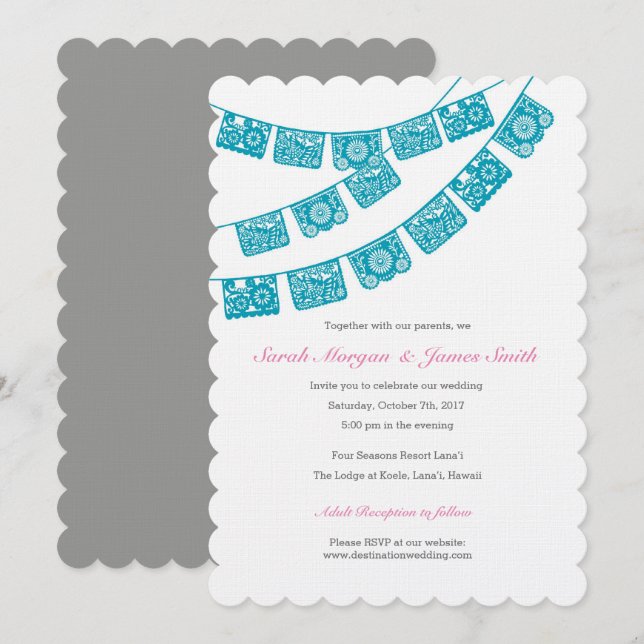 Papel Picado Wedding Party Invite Teal (Front/Back)