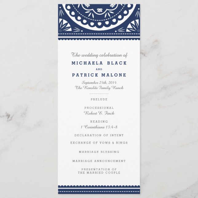 Papel Picado Wedding Program - Navy Programme (Front)