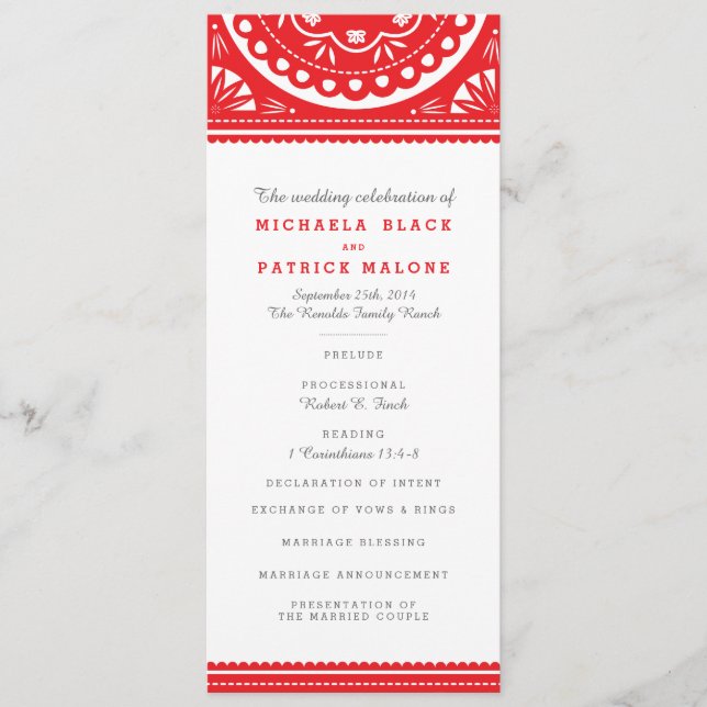 Papel Picado Wedding Program - Red Programme (Front)