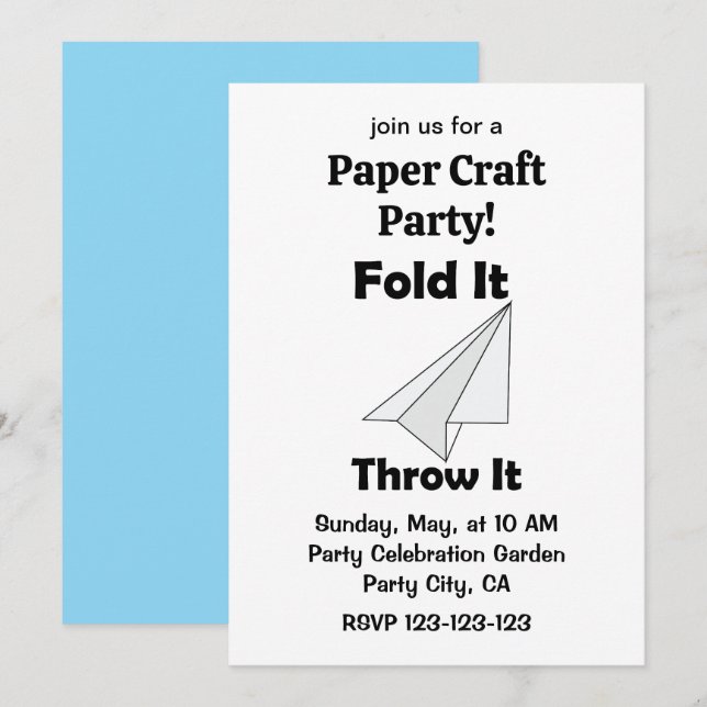 Paper Aeroplane Fold It Throw It Paper Craft Party Invitation (Front/Back)