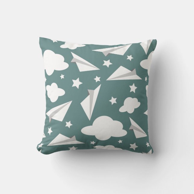 Paper Aeroplanes On Teal Background, Throw Pillow (Front)