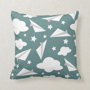 Paper Aeroplanes On Teal Background, Throw Pillow