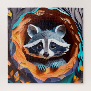 Paper Art Baby Racoon In Tree 3D Jigsaw Puzzle
