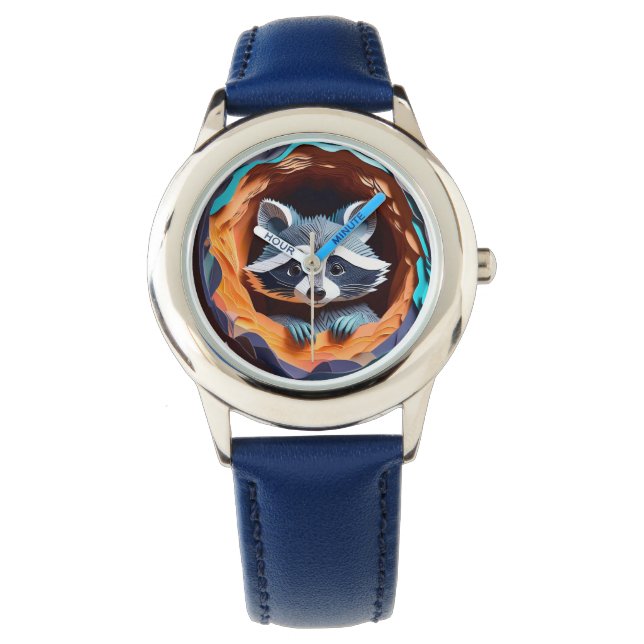 Paper Art Baby Racoon In Tree 3D Watch (Front)