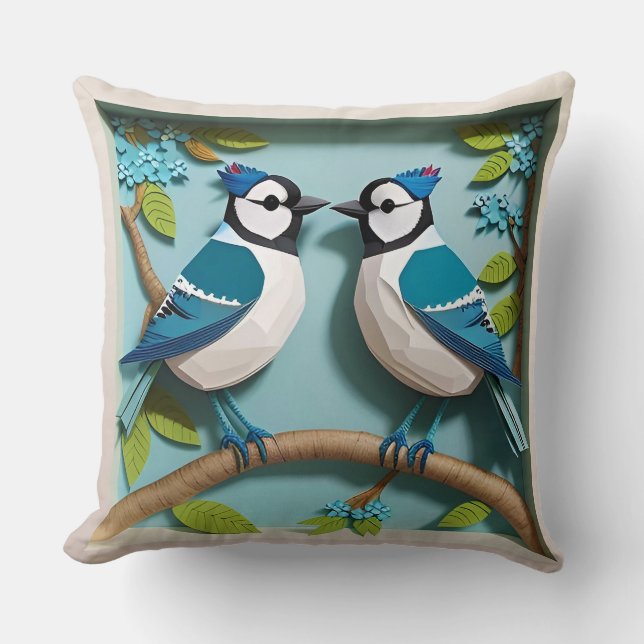 🕊️ Paper Art Blue Jay Bird Lover Gift 🌸 Cushion (Front)