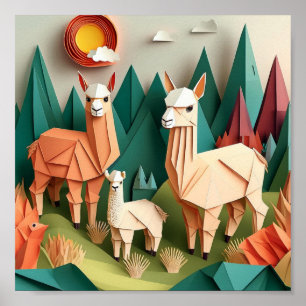 Paper Art Origami Alpacas Scene 3D Poster
