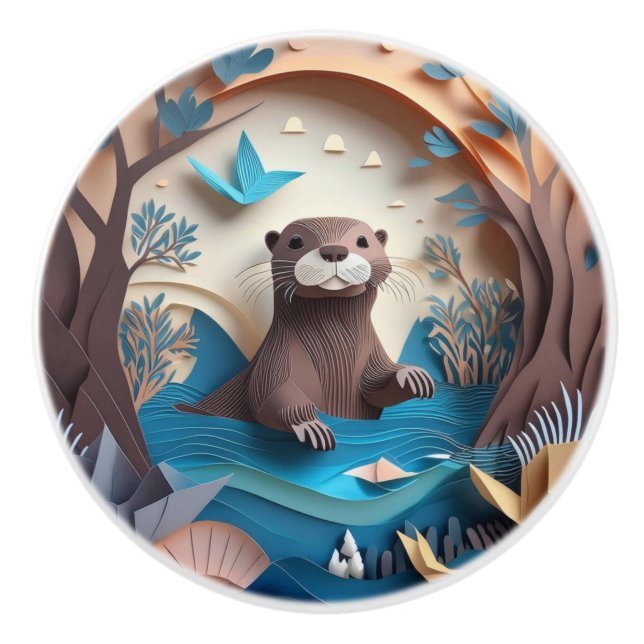 Paper Art Origami Otter in Water 3D Ceramic Knob (Front)