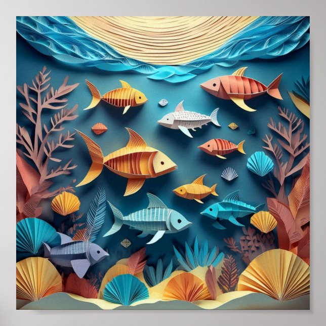 Paper Art Origami Sea Life Scene 3D Poster (Front)