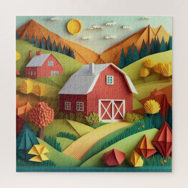 Paper Art Origami Style Farmhouse Scene Jigsaw Puzzle (Vertical)