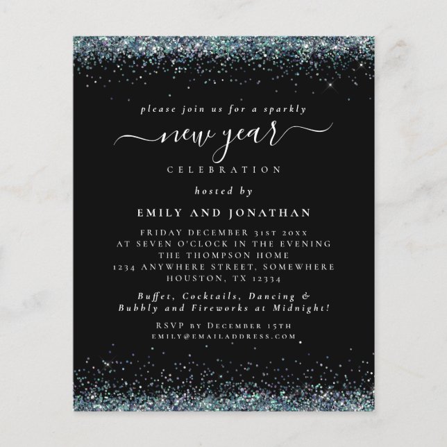PAPER | Blue Glitter Black New Years Eve Invite (Front)