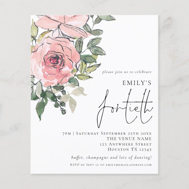 PAPER Blush Pink Florals Fortieth Birthday Invite (Front)