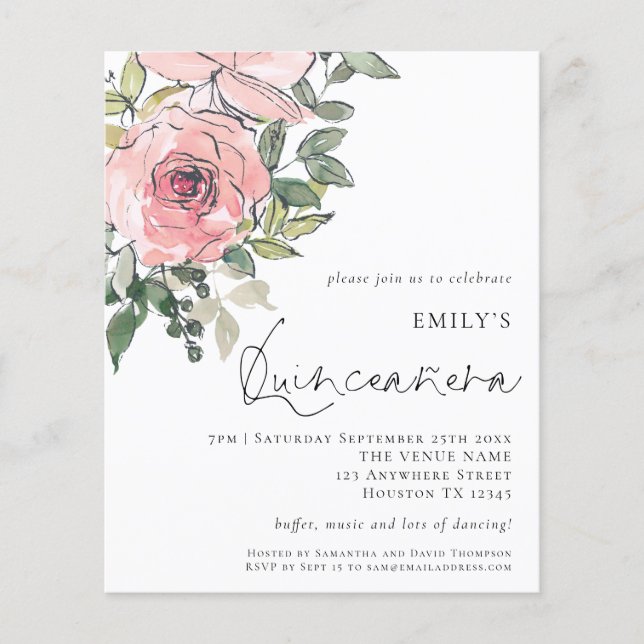 PAPER Blush Pink Florals Quinceañera Invite (Front)