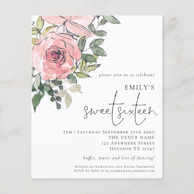 PAPER Blush Pink Florals Sweet 16 Invitation (Front)