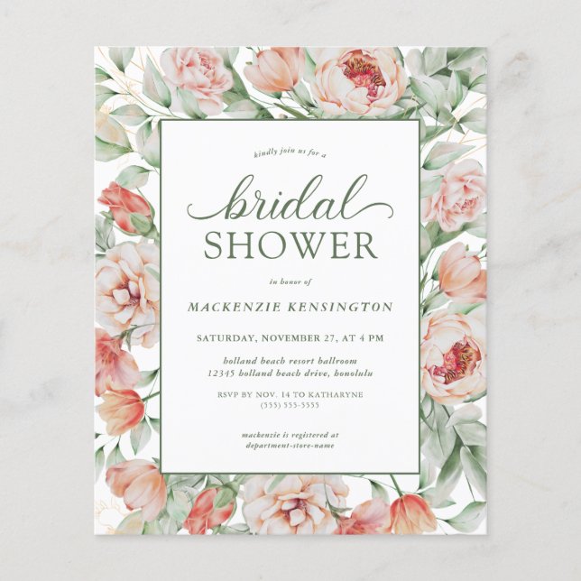 PAPER Budget Floral Blush Sage Green Bridal Shower (Front)