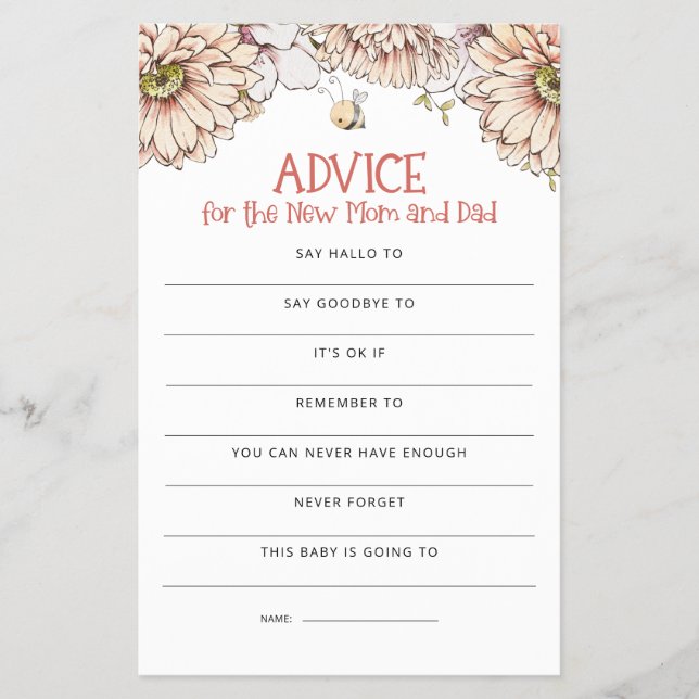 PAPER | Bumblebee Advice Mom Dad Baby Shower Game (Front)