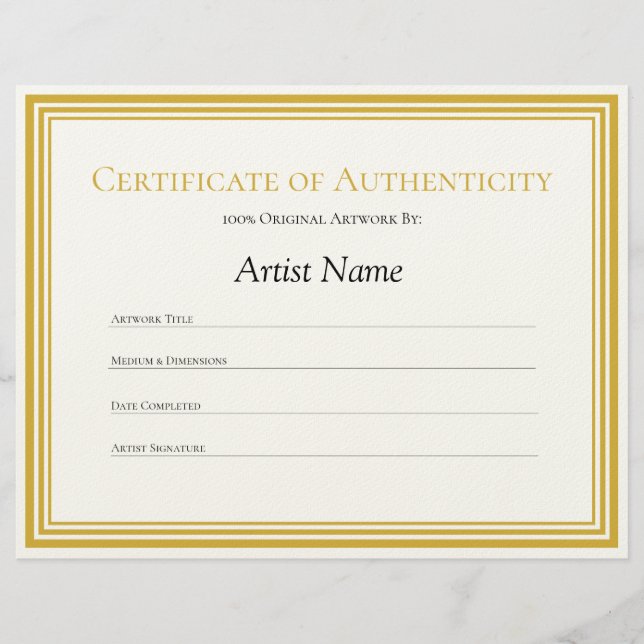 Paper Certificate of Authenticity Art Letter Custom Letterhead (Front)