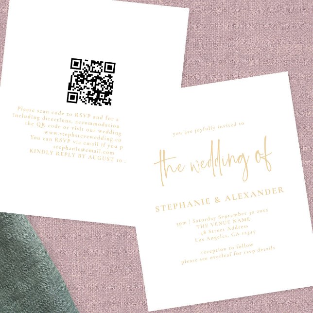 PAPER Champagne Gold Script QR Code Wedding (Front and Back View)