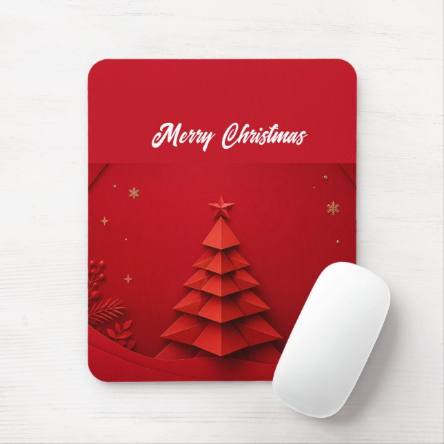 Paper Christmas Tree Red Background Mouse Mat (With Mouse)