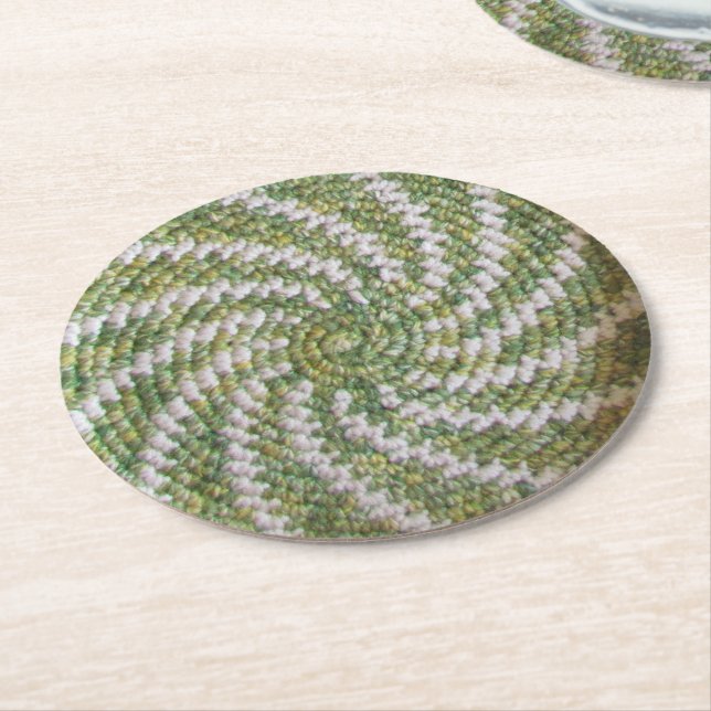 Paper Coaster - Crochet White Spiral on Green (Angled)