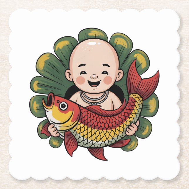 Paper Coaster | Cute Boy with Lucky Koi (Front)