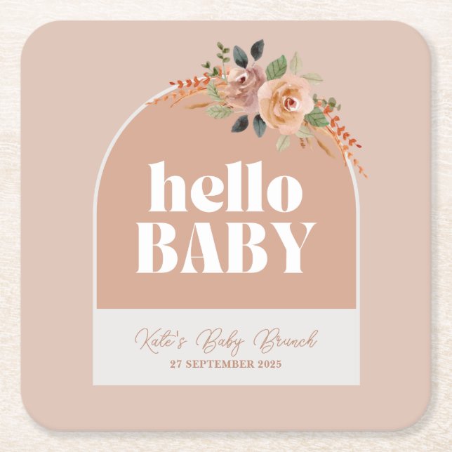 Paper Coaster, Hello Baby, Boho Modern Baby Shower Square Paper Coaster (Front)