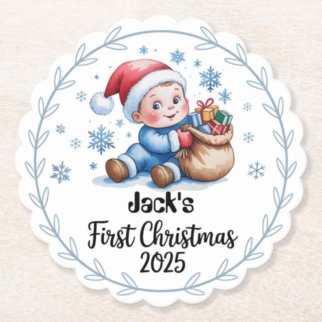 Paper Coaster--Personalised Baby’s First Christmas Paper Coaster (Front)