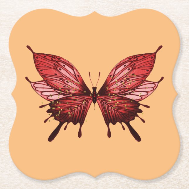 Paper Coaster with Red Butterfly on a Gold Colour (Front)