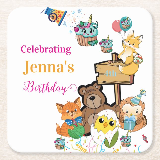 Paper Coasters Happy Birthday Fox Bear Chicks Cat (Front)