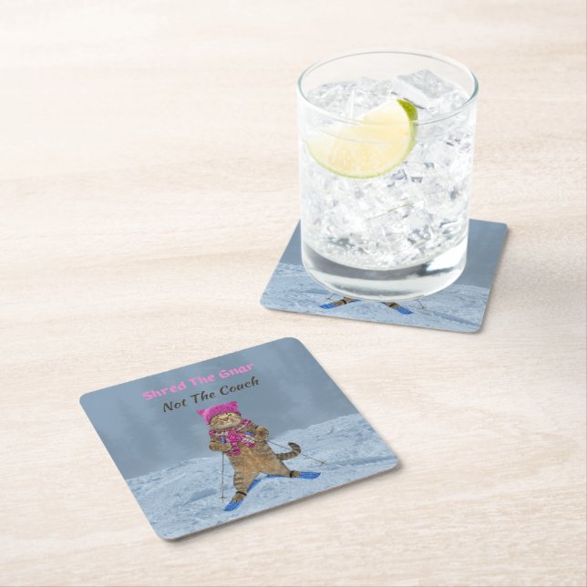 Paper Coasters, Shred the Gnar Ski Cat Square Paper Coaster (Insitu)