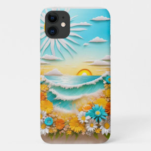 Paper Craft Scene of Ocean Waves, Sunrise iPhone 11 Case