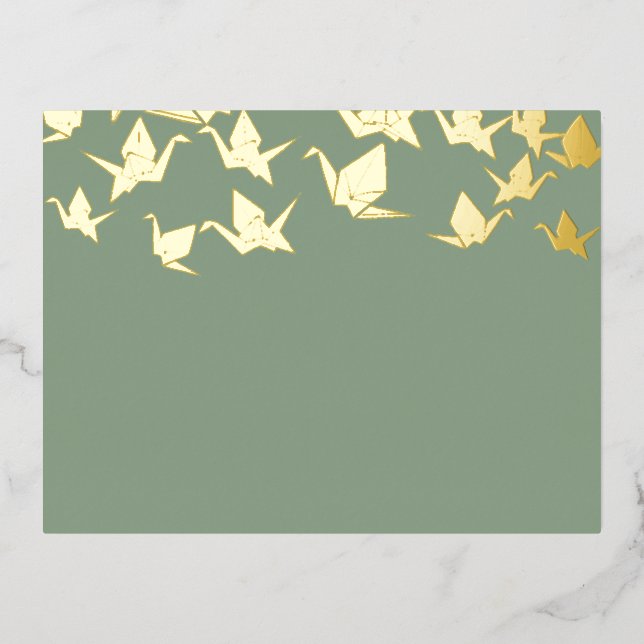 Paper Cranes Green Gold Foil Invitation Postcard (Front)