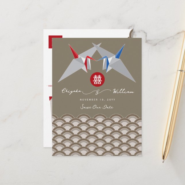 Paper Cranes Scallop Pattern Photo Save The Date Announcement Postcard (Front/Back In Situ)