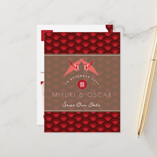 Paper Cranes Scallop Pattern Wedding Save The Date Announcement Postcard (Front/Back In Situ)