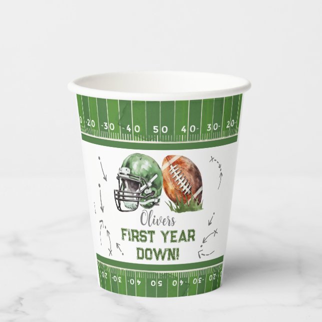 Paper cup Football Birthday Decor, First Year Down (Front)