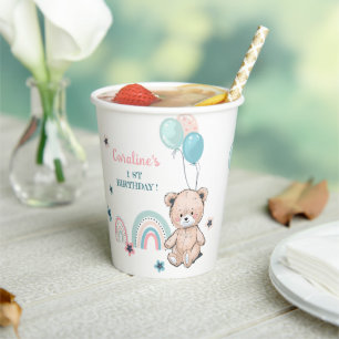 Paper cup for 1st birthday with cute teddy bear.
