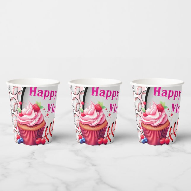 Paper Cup Pink White Stripe Birthday Baseball (Multi)