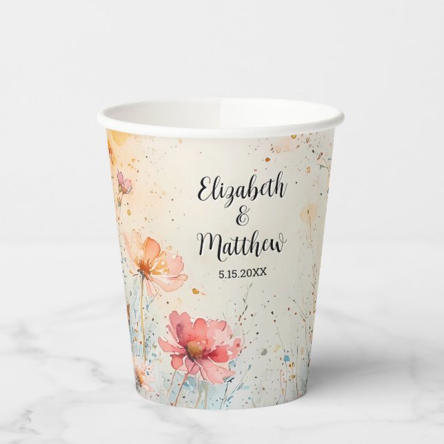 Paper Cup with Watercolor Flowers + Names + Date (Left)