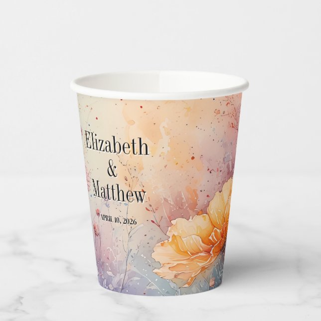 Paper Cup with Watercolor Flowers + Names + Date (Left)