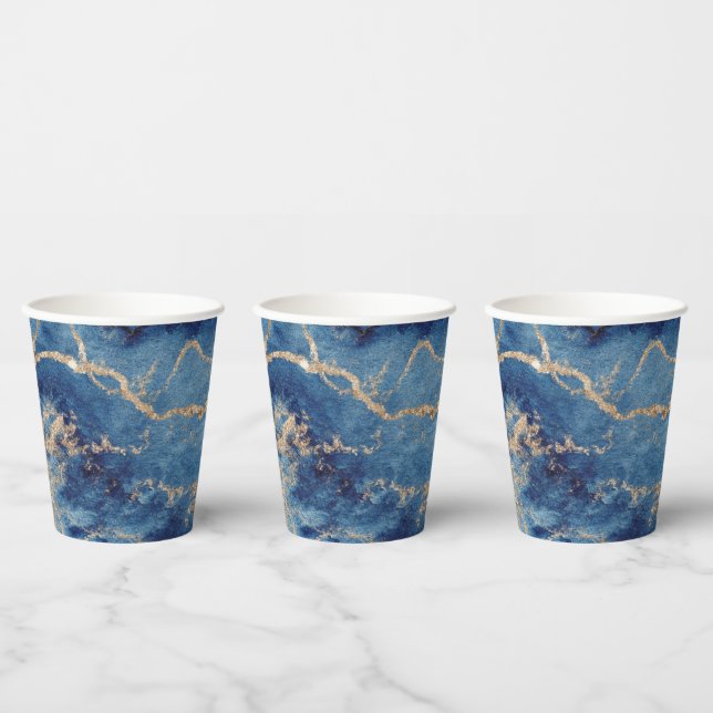 Paper Cups (236 ml) - Blue & Gold Pattern (Multi)