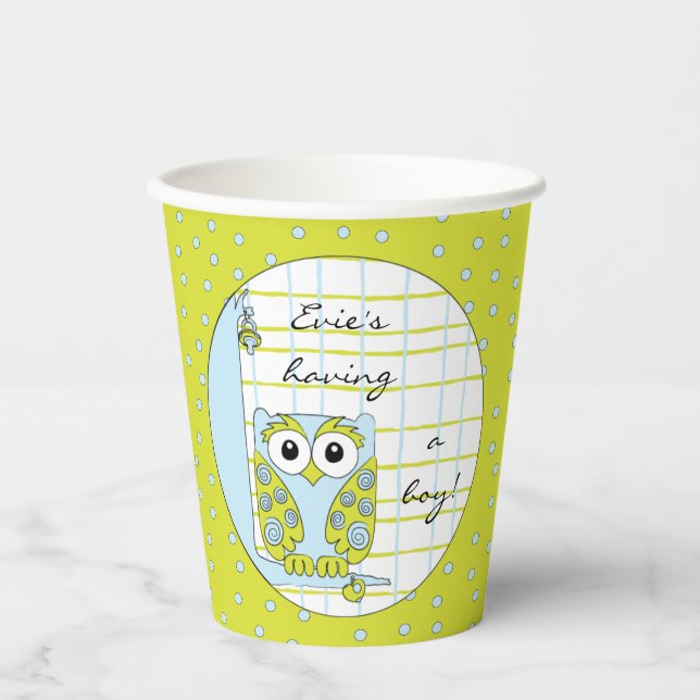 Paper Cups "Blue/Green Owl" 8 oz. (Front)