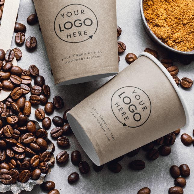 Paper Cups | Business Logo Branded Rustic Kraft (A rustic kraft branded business 8oz paper cup with optional lid, perfect for cafes and events)