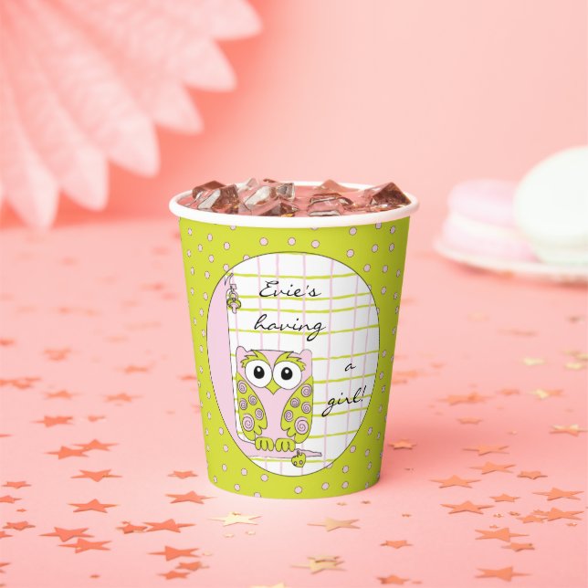 Paper Cups "Pink/Green Owl" 8 oz. (Insitu)