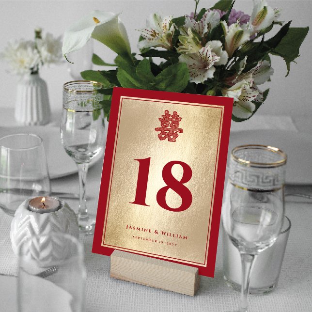 Paper Cut Double Xi Chinese Wedding Table Number (Red/Gold Paper Cut Double Happiness Chinese Wedding 5" x 7" Table Number Card @ fatfatin_red_knot)