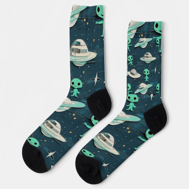 Paper Cut Out Aliens and UFOs Socks (Left)