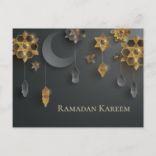Paper cut Ramadan Lanterns, Moon, Flowers, Black Postcard
